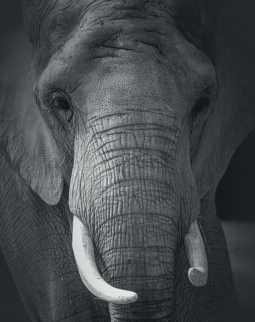 Close-up of an elephant's face and tusks